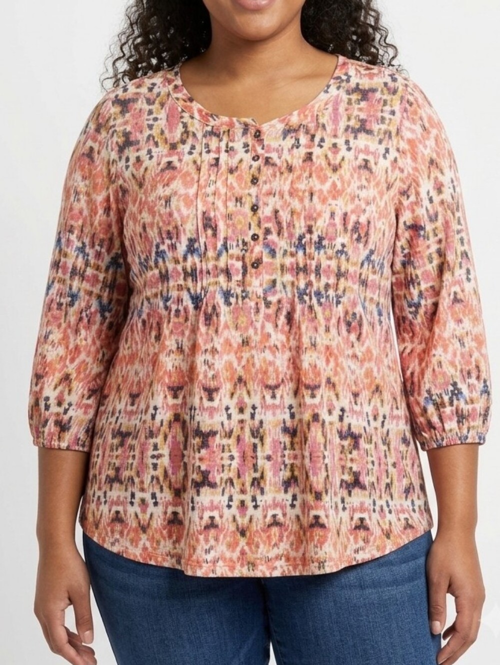 Rose + Olive Southwestern Boho Ikat Print Henley Top 3/4 Sleeve Sz 3X